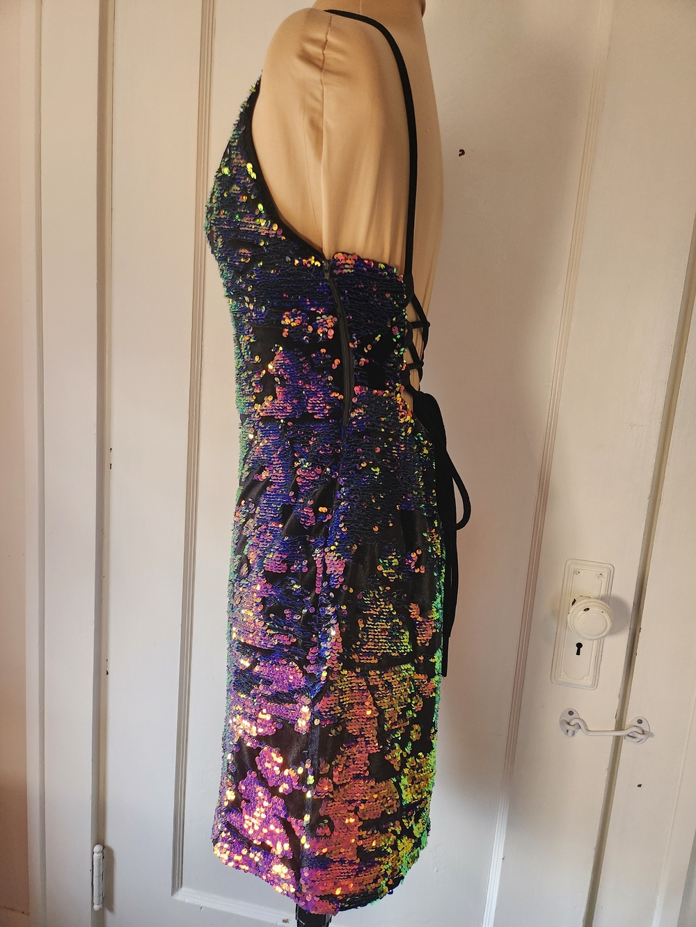 L'Atiste Mermaid Leopard Purple Black Iridescent Fantasy Club Mini Dress - Picture 4 of 8